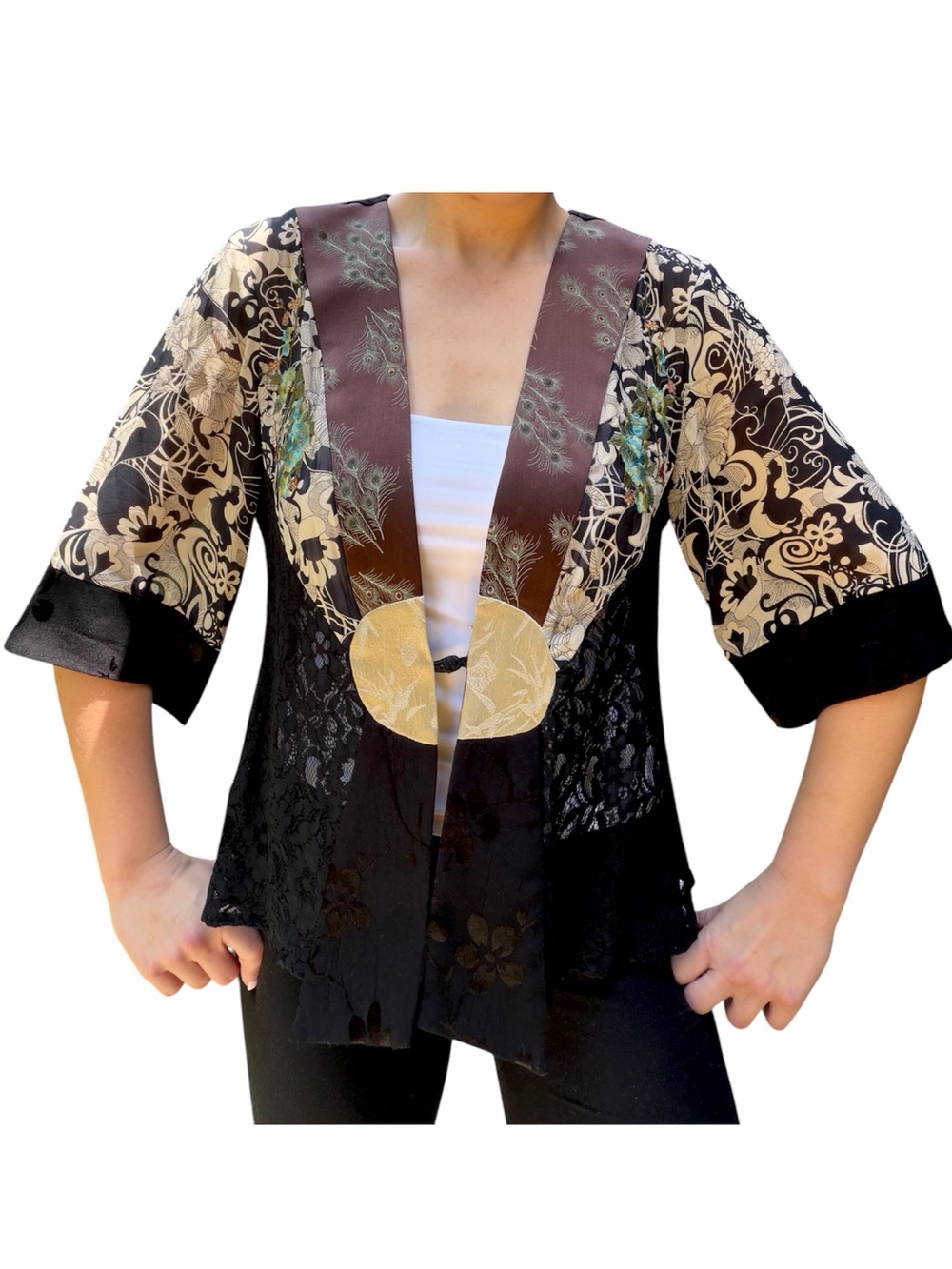 Tracy Collins Vintage 90s Mixed Media Patchwork Kimono Jacket S
